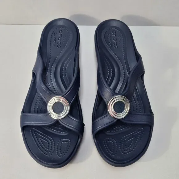Crocs Sandals Women 9 Sanrah Beveled Circle Wedge Blue Comfort Summer Slides - Picture 2 of 12